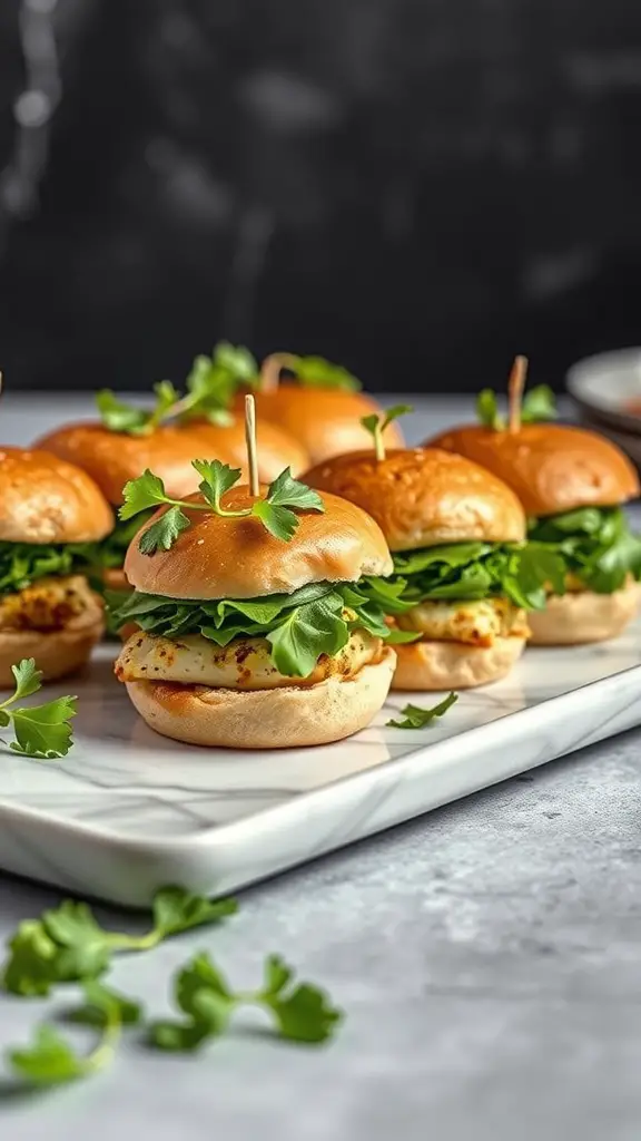 A platter of pesto chicken sliders topped with arugula and cilantro