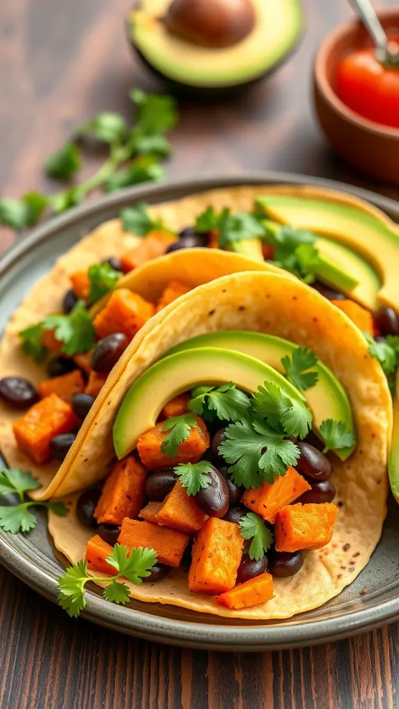 Plate of savory sweet potato and black bean tacos topped with avocado and cilantro.