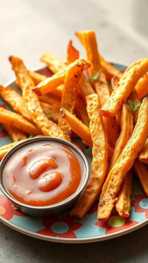 Plate of crispy white sweet potato fries with a small bowl of dipping sauce