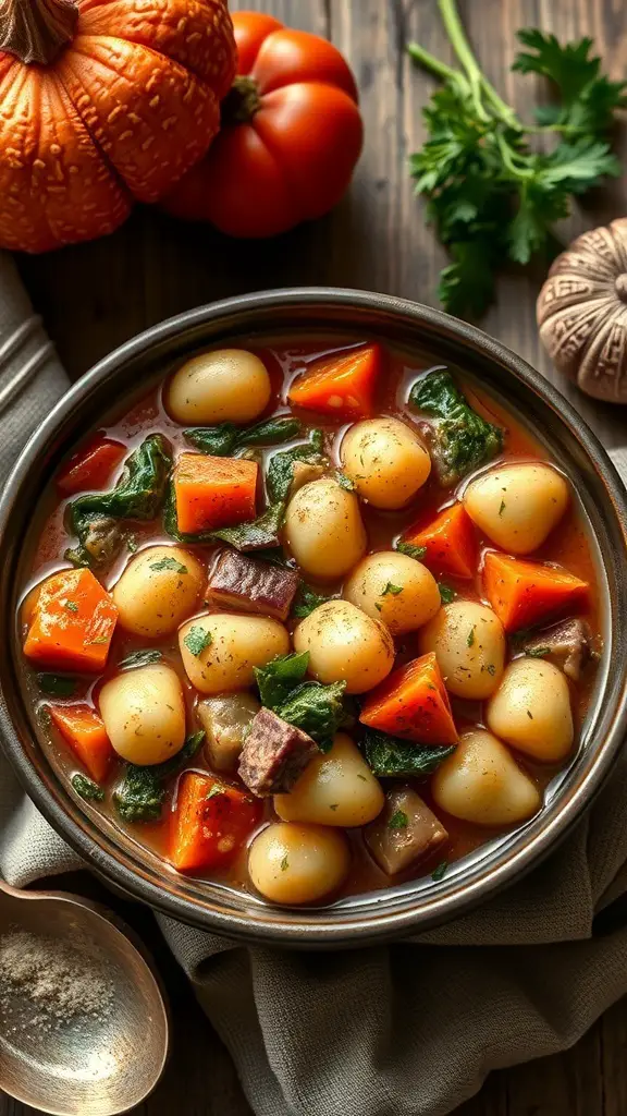 A bowl of fall vegetable gnocchi stew with pumpkin, carrots, and spinach.