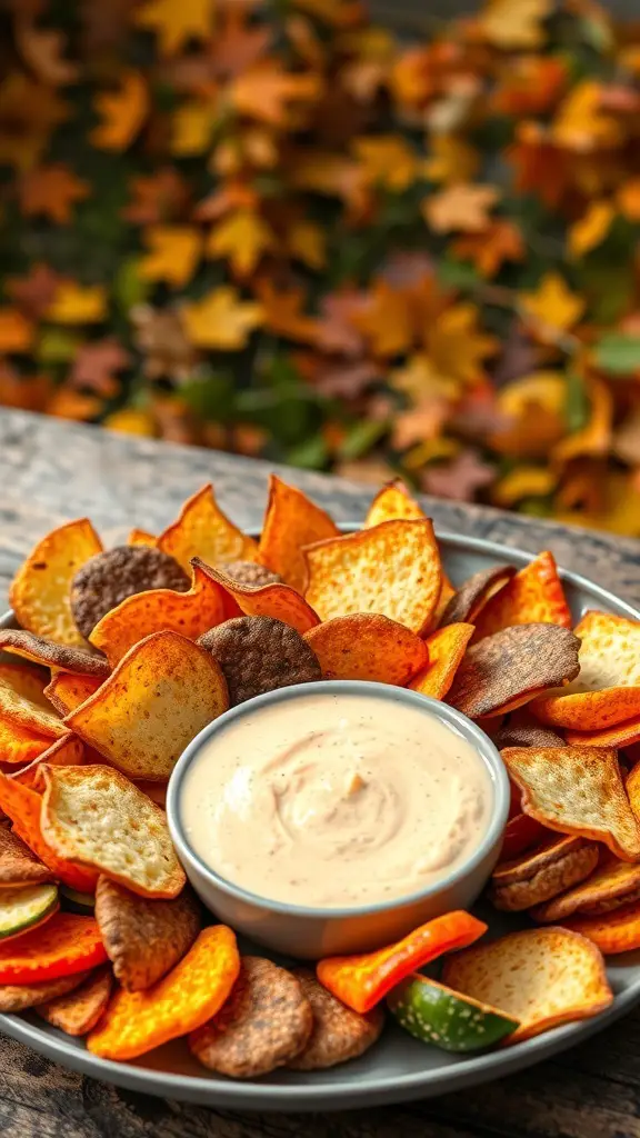 A platter of colorful veggie chips surrounding a bowl of creamy dip, set against a backdrop of autumn leaves.