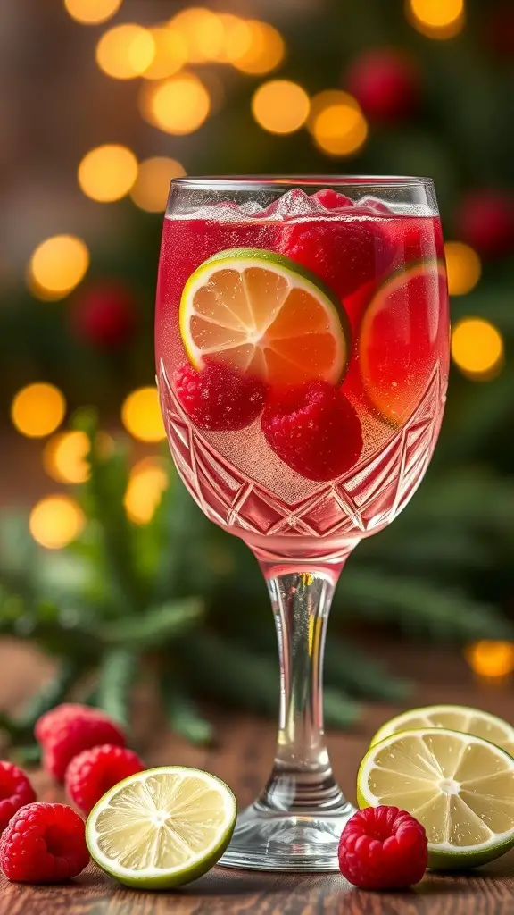 A refreshing Raspberry Lime Sparkler in a glass, garnished with raspberries and lime slices, set against a festive background.