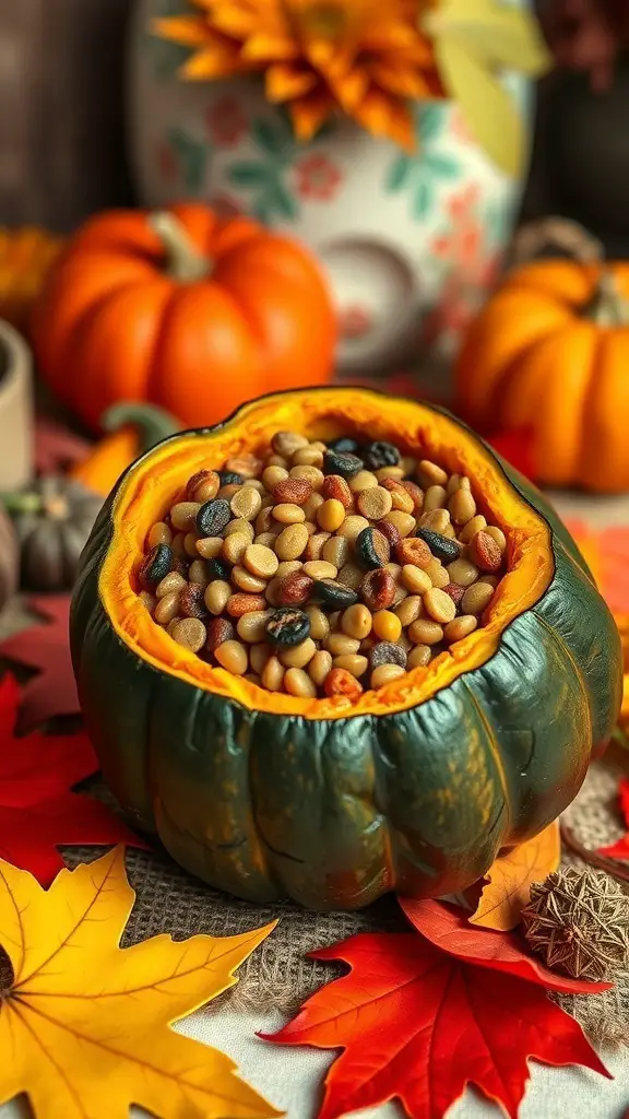 Stuffed acorn squash filled with lentils, surrounded by fall leaves and pumpkins.