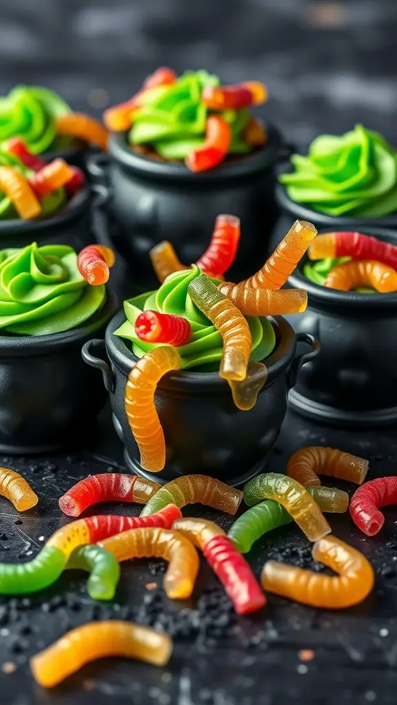 Cauldron cupcakes with green frosting and gummy worms on top