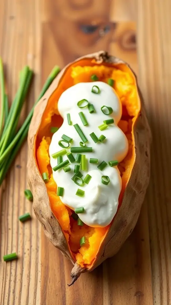 Baked sweet potato topped with Greek yogurt and chopped chives on a wooden surface.