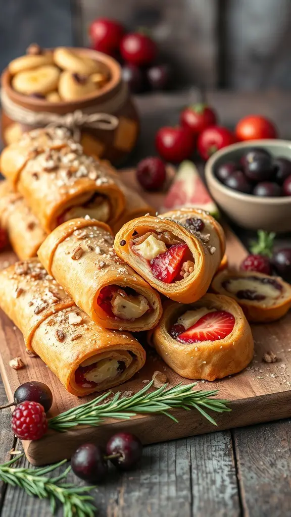 A close-up of fruit and nut pastry rolls arranged on a wooden board with fresh fruits.