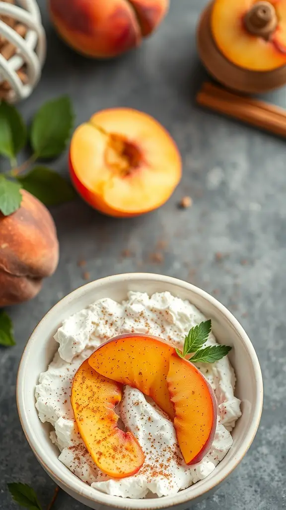 A bowl of cottage cheese topped with sliced peaches and a sprinkle of cinnamon, surrounded by whole peaches.
