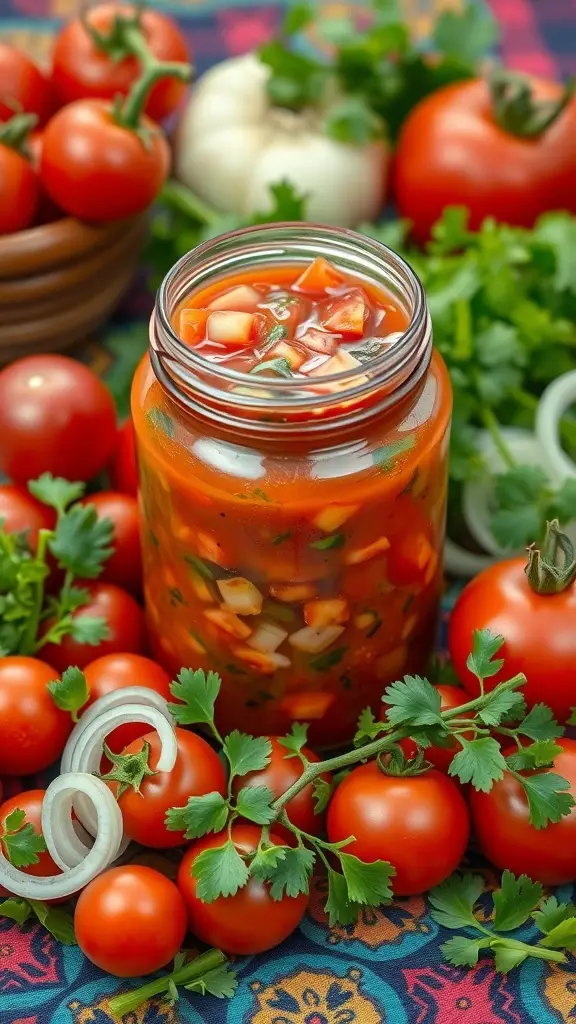 A jar of zesty salsa surrounded by fresh tomatoes, onions, and cilantro.