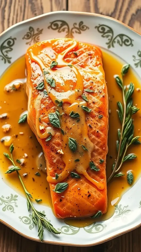 Maple mustard glazed salmon on a decorative plate with herbs