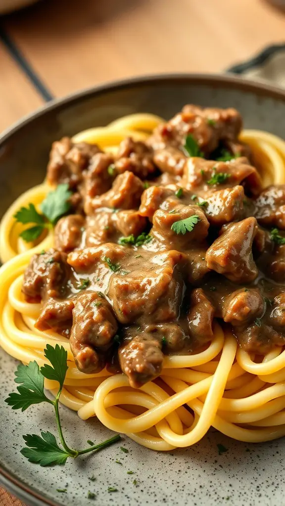 A plate of beef stroganoff served over pasta, garnished with parsley.