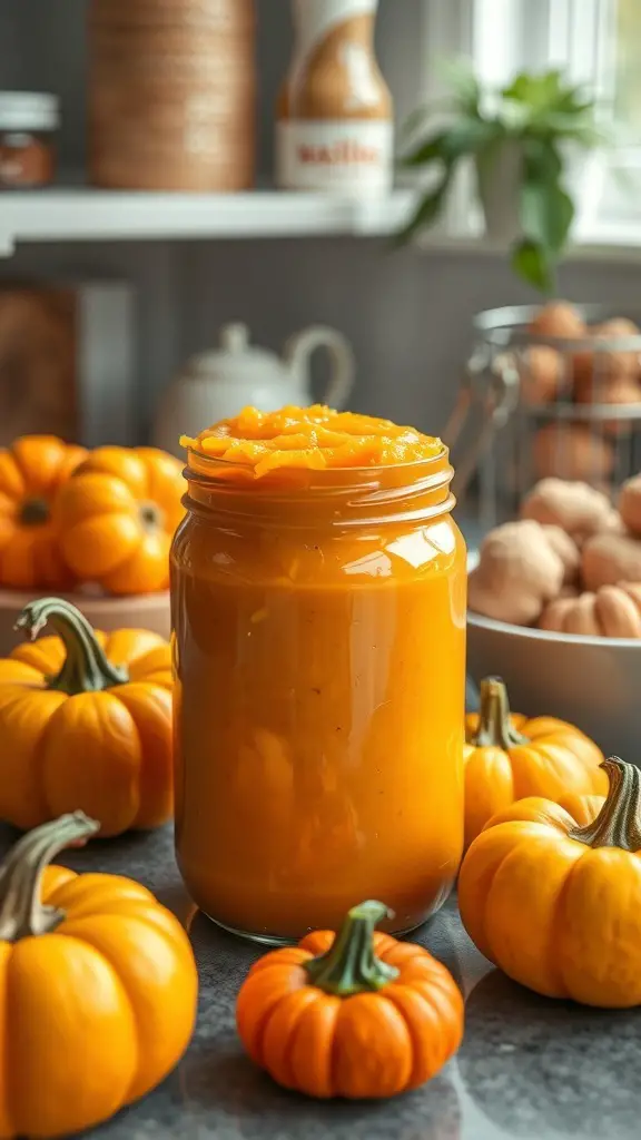 A jar of homemade pumpkin puree surrounded by small pumpkins on a kitchen counter.