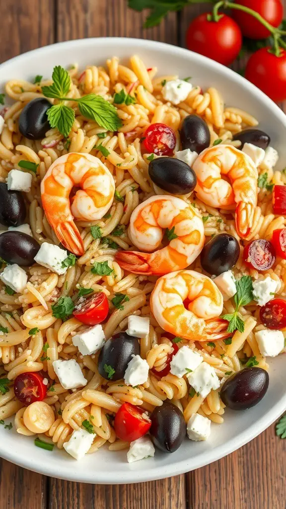 A plate of Mediterranean Shrimp Orzo with shrimp, olives, tomatoes, and feta cheese