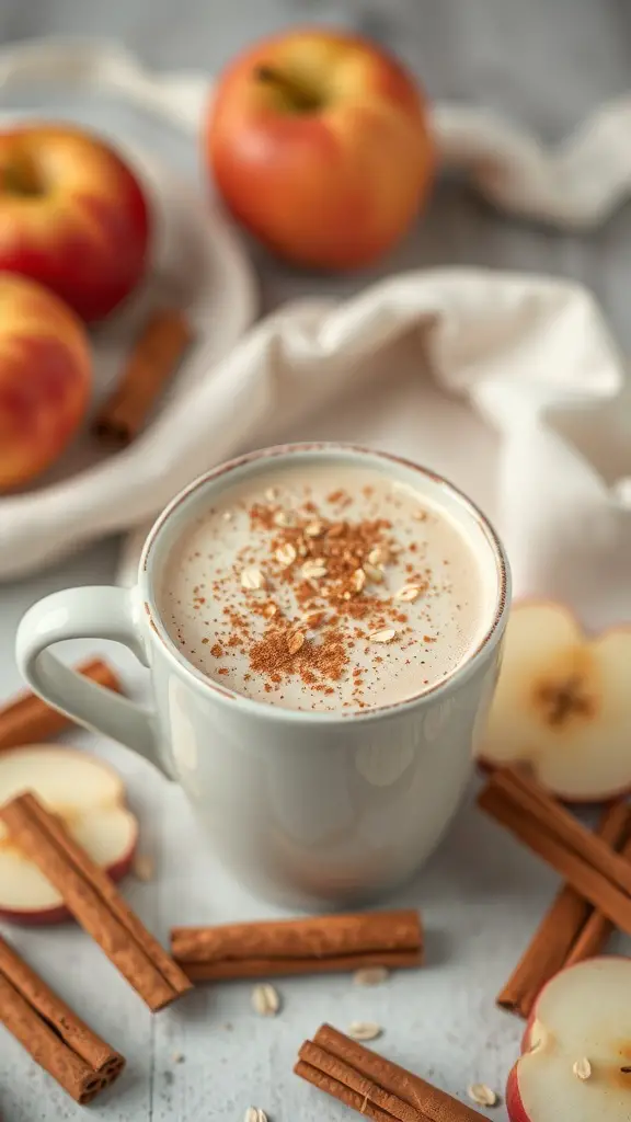 A cozy Apple Cinnamon Oat Milk Latte topped with oats and cinnamon, surrounded by fresh apples and cinnamon sticks.