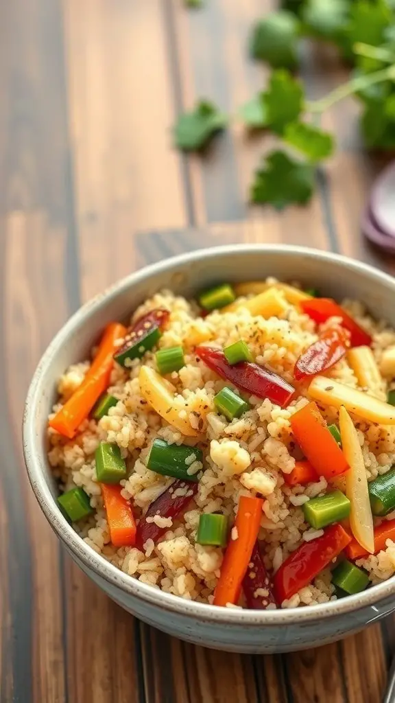 A bowl of colorful cauliflower rice stir-fry with various vegetables.