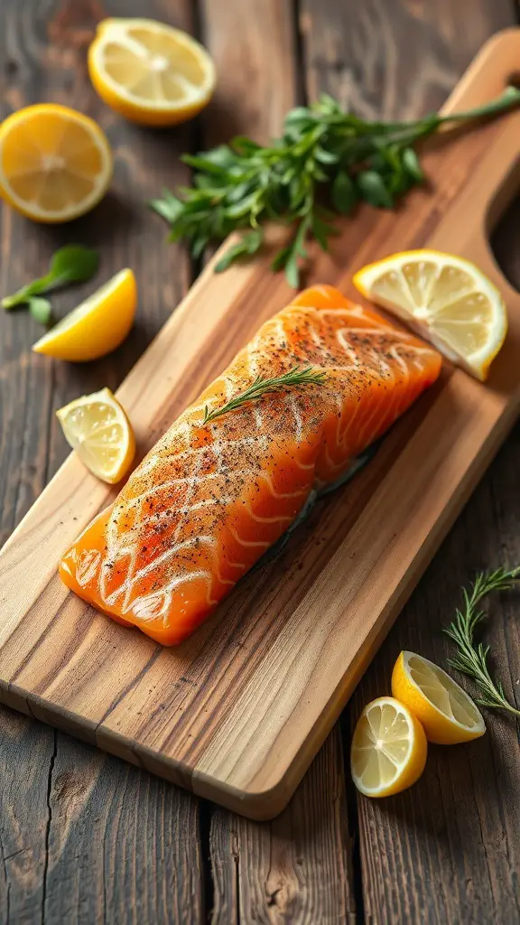 Cedar plank smoked salmon with lemon slices and herbs on a wooden board