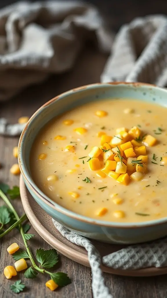 A bowl of creamy zucchini and corn chowder topped with diced corn and herbs.