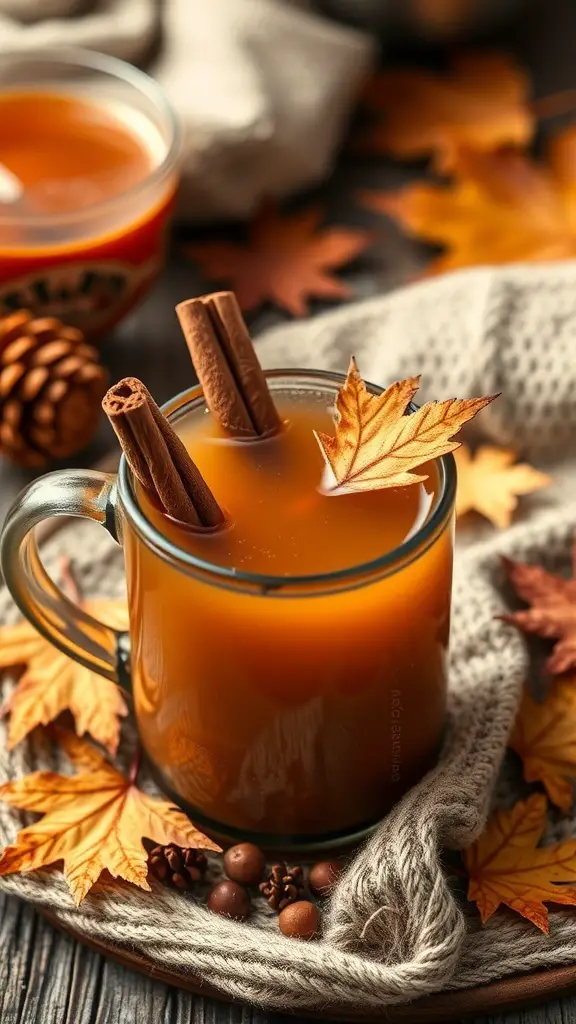 A cozy mug of Maple Cinnamon Cider Punch with cinnamon sticks and autumn leaves.