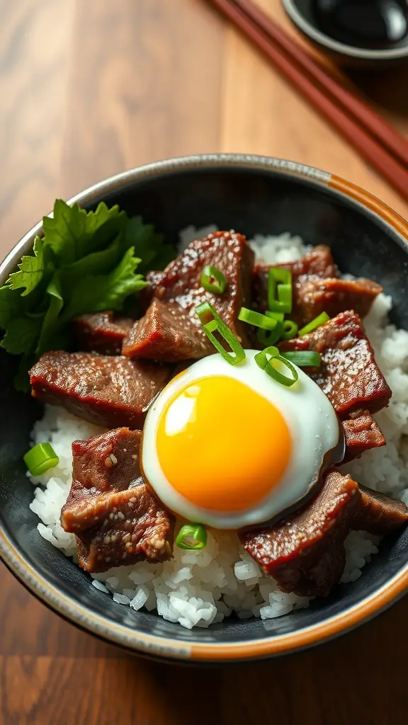 A bowl of Japanese Beef Donburi with rice, beef, and a soft-boiled egg.