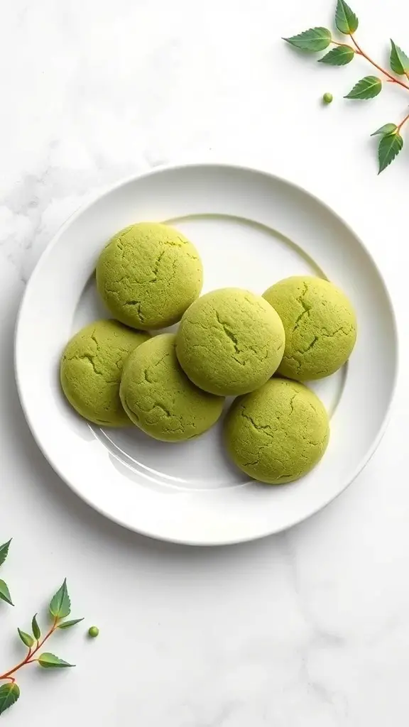 A plate of six matcha green tea cookies arranged neatly, surrounded by green leaves.