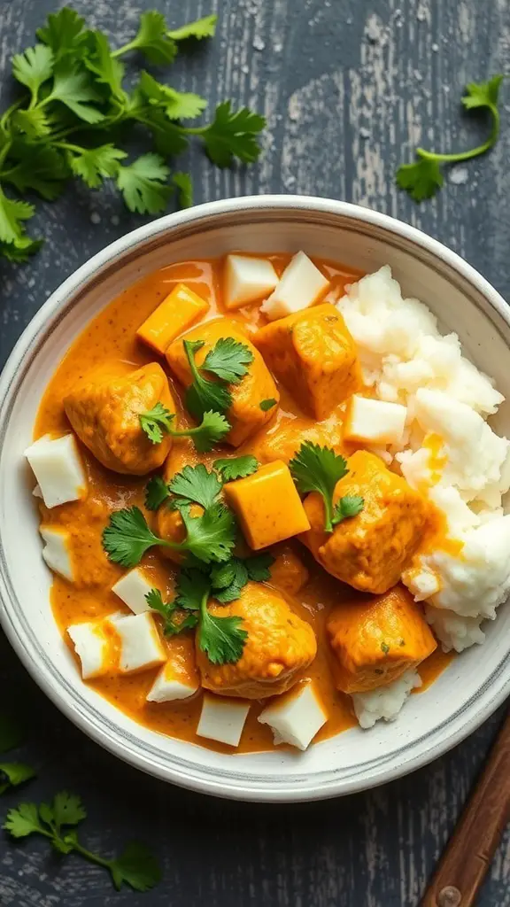 A bowl of coconut curry chicken with coconut mashed potatoes, garnished with cilantro.