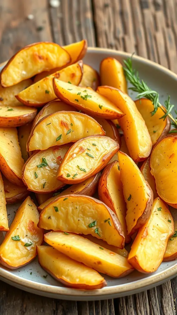 Plate of roasted white sweet potato wedges garnished with herbs