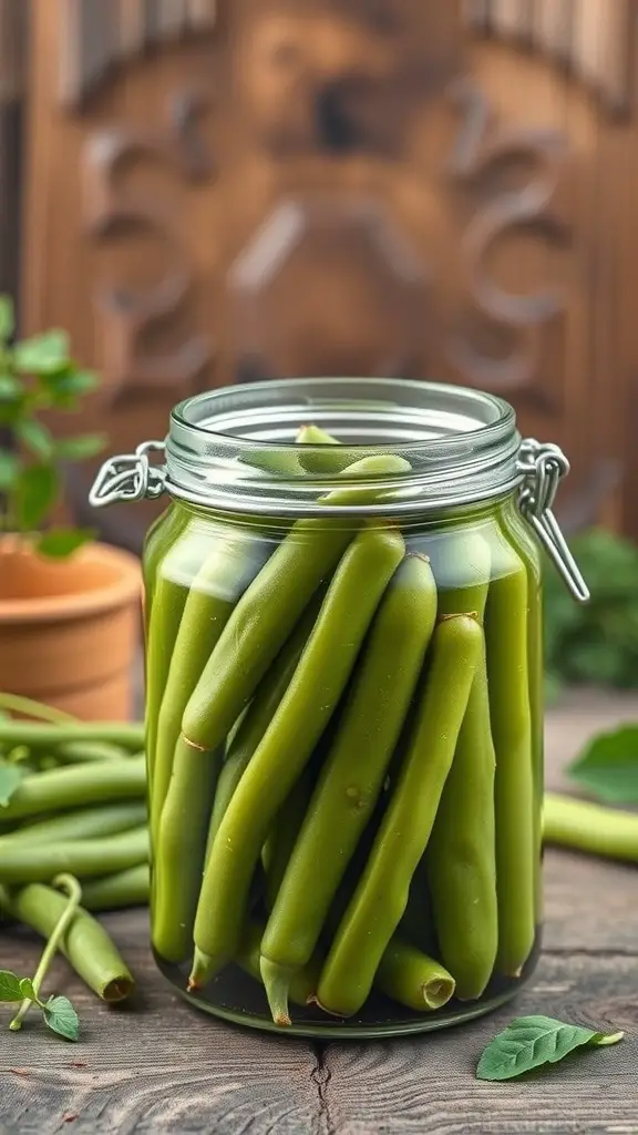 A jar filled with green beans on a wooden table