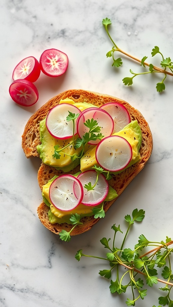 A slice of whole grain avocado toast topped with radishes and cilantro on a marble surface.