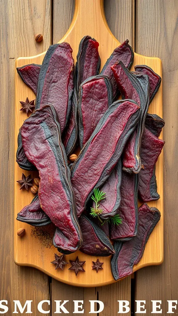 A wooden board with strips of rich smoked beef jerky, garnished with spices.