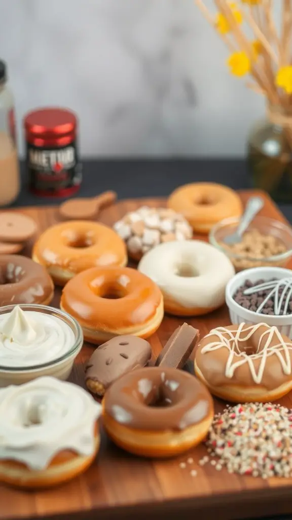 A variety of plain donuts and toppings for a decorating station.