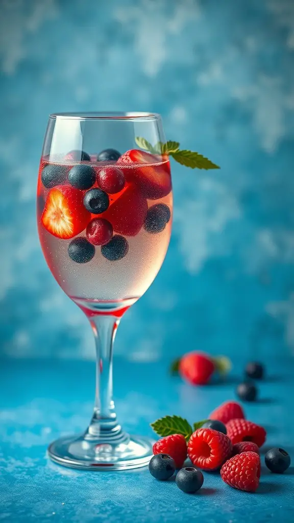A refreshing Autumn Berry Mocktail with strawberries, blueberries, and raspberries in a glass, garnished with mint leaves.