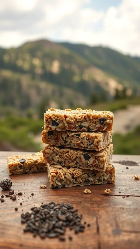 A stack of homemade granola bars on a wooden table with a scenic mountain background.