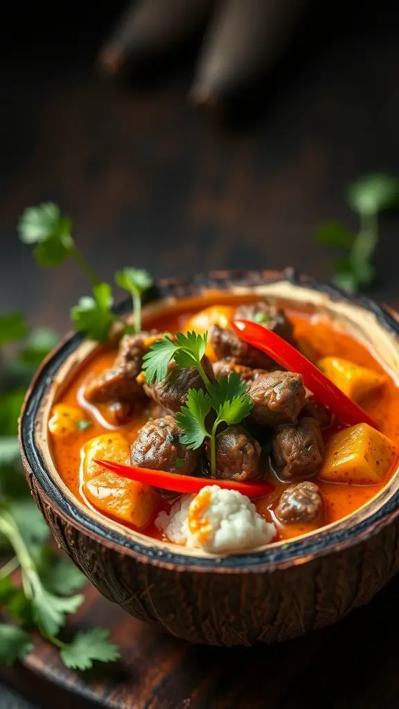 A bowl of Beef Thai Curry with beef, potatoes, and herbs.