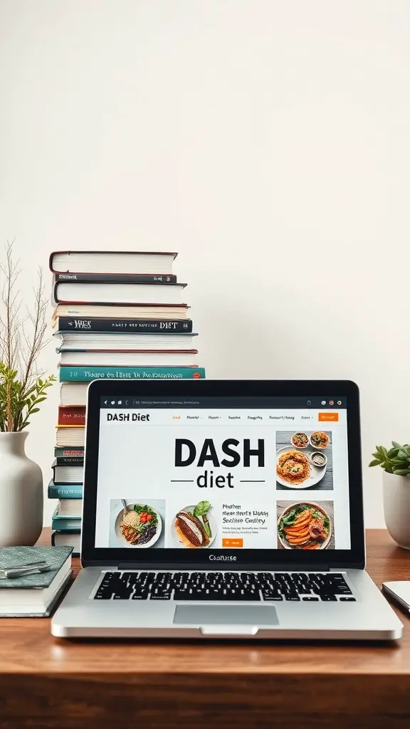 A laptop showing the DASH diet webpage, surrounded by books and a plant on a wooden desk.