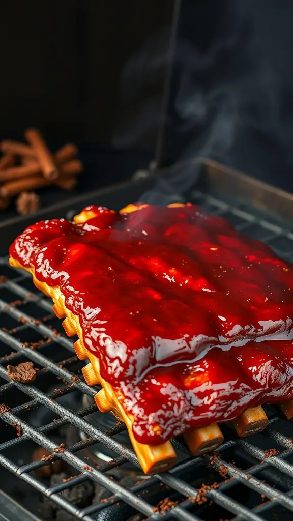 Smoked ribs with barbecue sauce on a grill