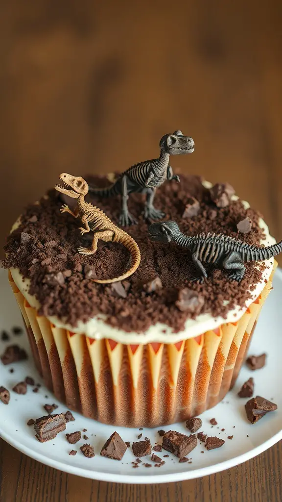Dinosaur-themed cupcake with chocolate crumbs and toy dinosaurs on top