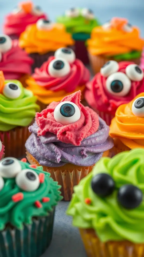 Colorful monster eyeball cupcakes with various frosting colors and edible eyeballs on top.