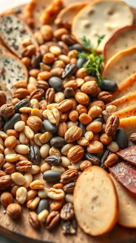 A variety of crunchy nuts and seeds arranged on a charcuterie board