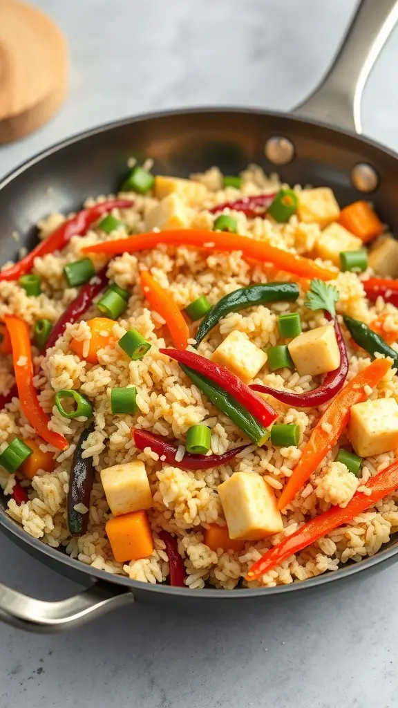 A colorful cauliflower rice stir-fry with mixed vegetables and tofu in a pan.