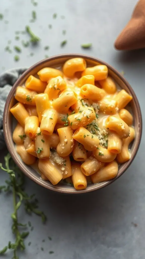 A bowl of creamy vegan sweet potato mac and cheese topped with herbs