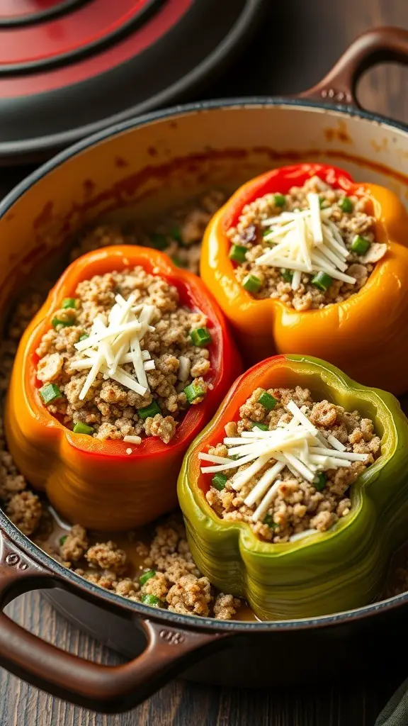 Stuffed bell peppers filled with quinoa and turkey, topped with cheese, in a Dutch oven.