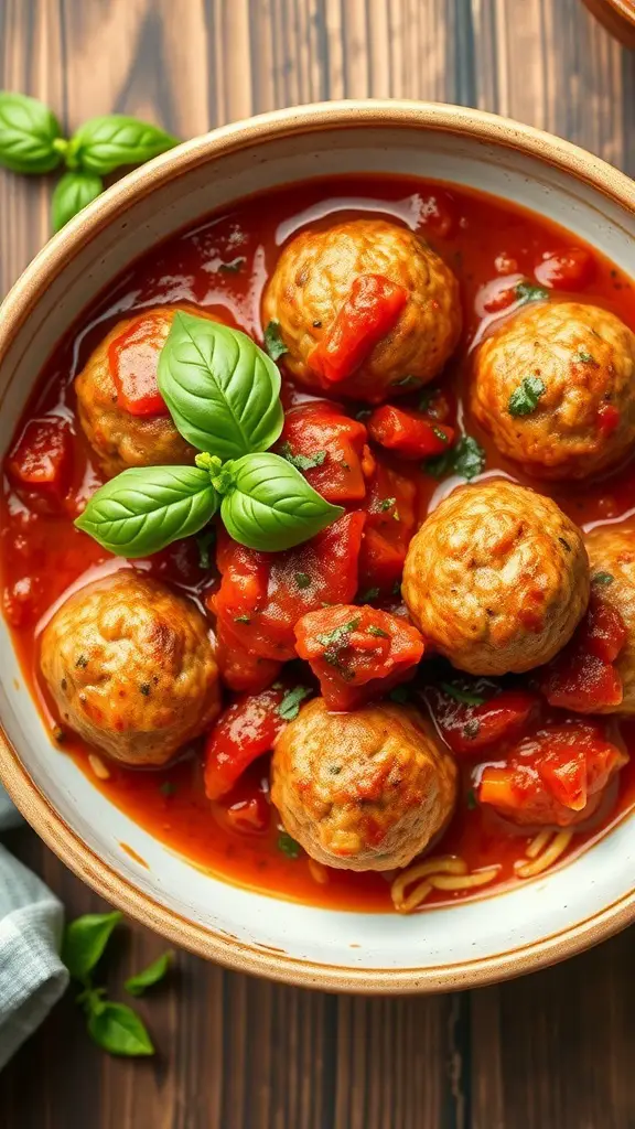 A bowl of spicy turkey meatballs in marinara sauce garnished with fresh basil.