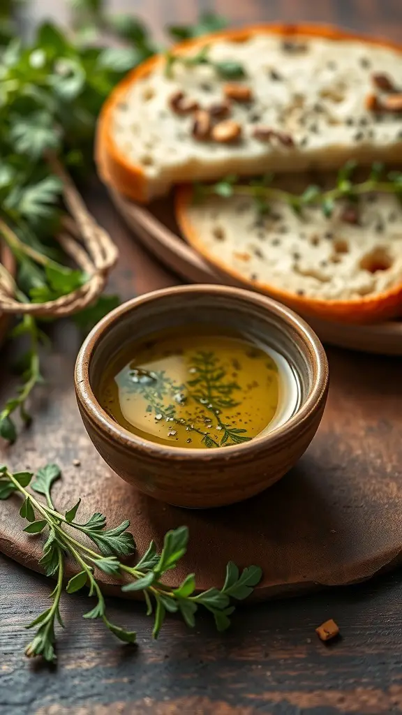 A bowl of herb-infused olive oil with fresh herbs, next to slices of bread on a wooden board.