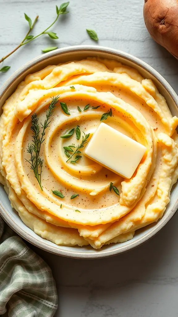 A bowl of creamy white sweet potato mash topped with a pat of butter and fresh herbs.