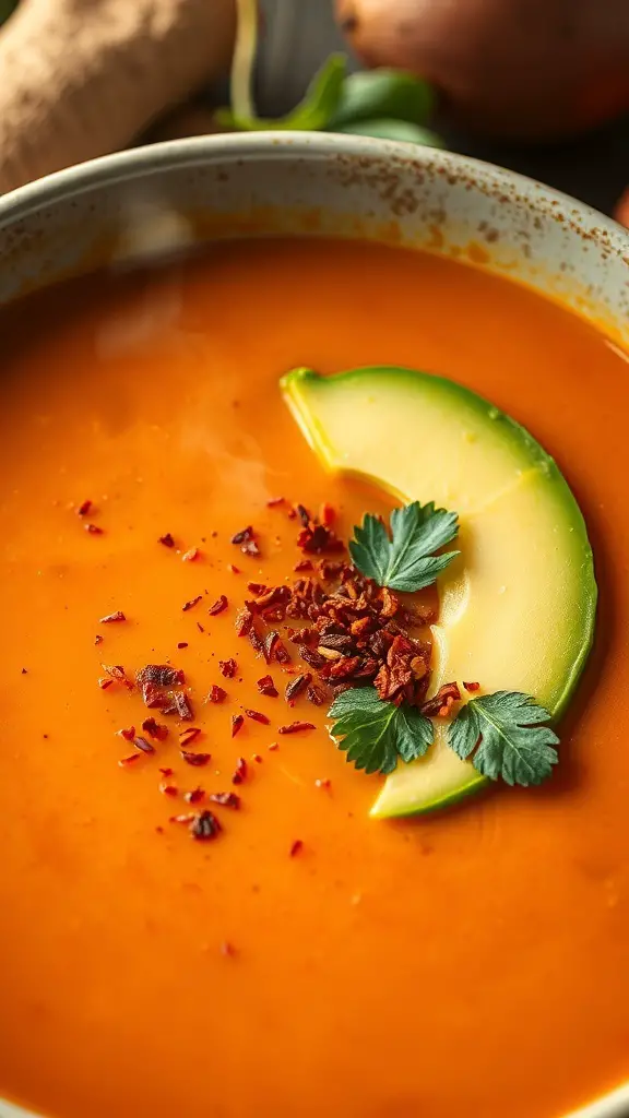 A bowl of spicy sweet potato and chipotle soup garnished with avocado and cilantro.