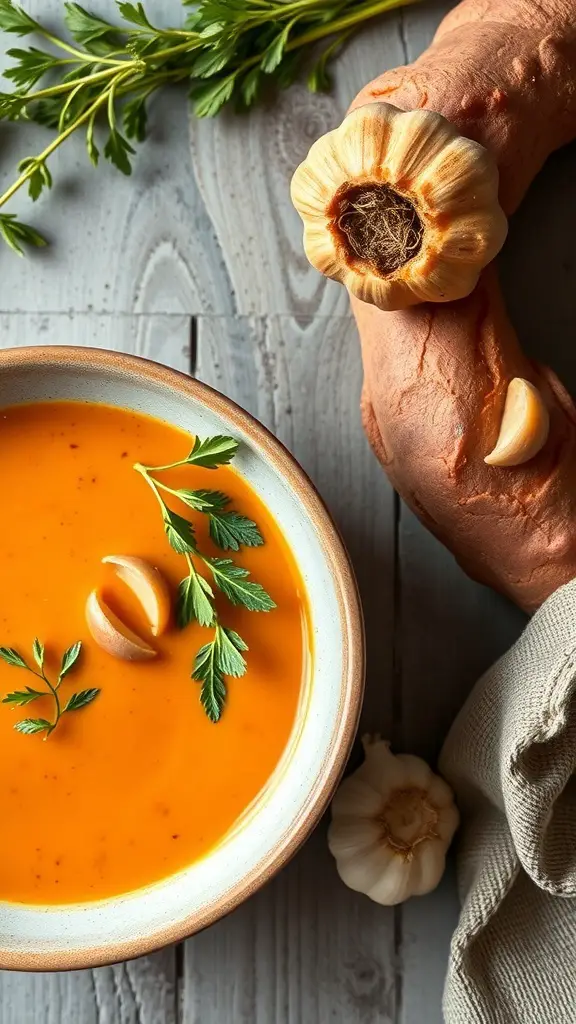 A bowl of savory sweet potato and garlic soup with fresh parsley and garlic cloves beside it.
