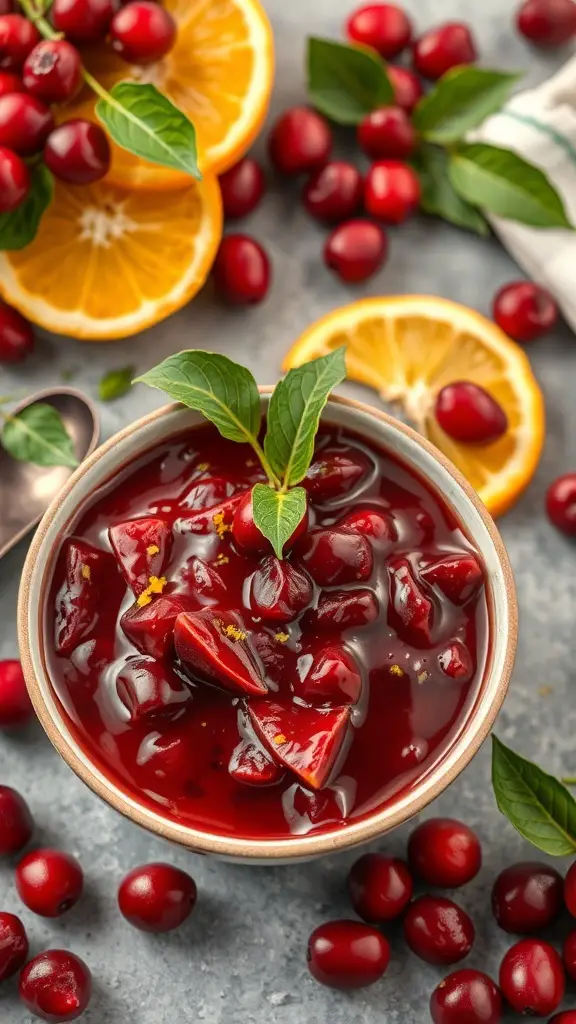 A bowl of cranberry sauce garnished with orange zest and surrounded by fresh cranberries and orange slices.