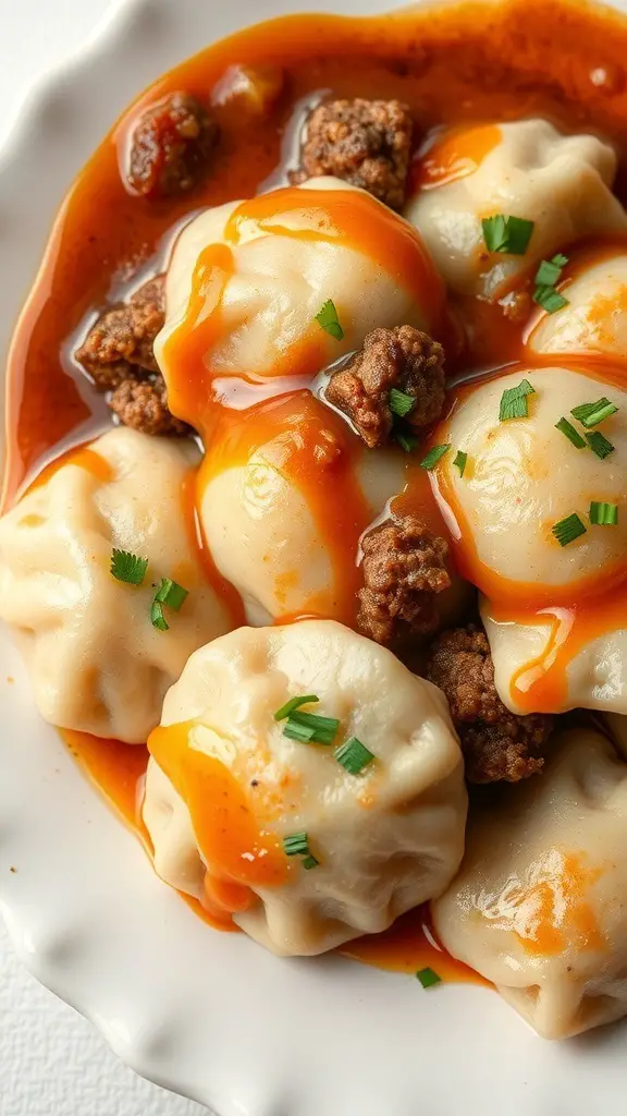 A plate of ground beef and potato dumplings topped with sauce and garnished with green onions.