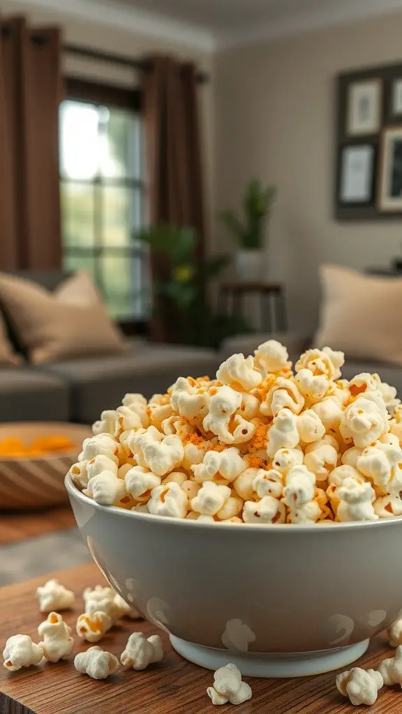 A bowl of popcorn with seasoning, ready to be enjoyed.