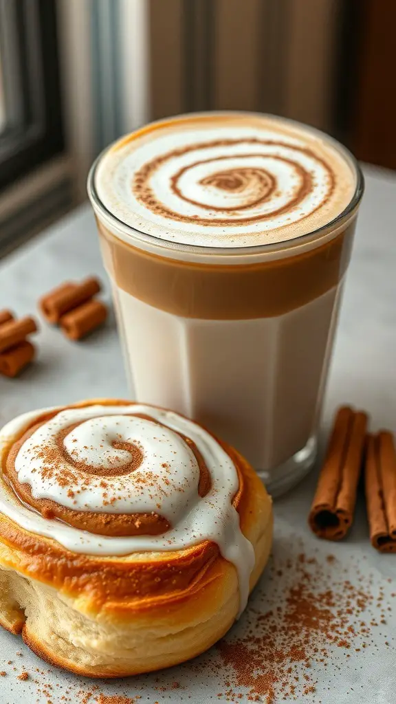 A delicious Cinnamon Roll Latte served with a cinnamon roll and cinnamon sticks.
