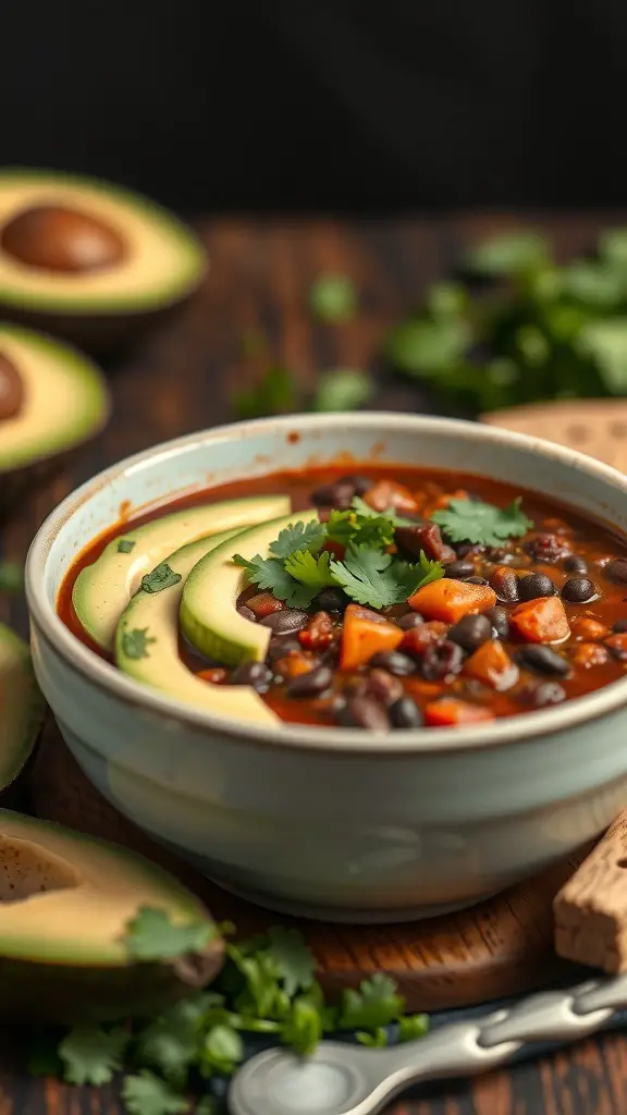 A bowl of black bean chili topped with avocado and cilantro, with avocados in the background.